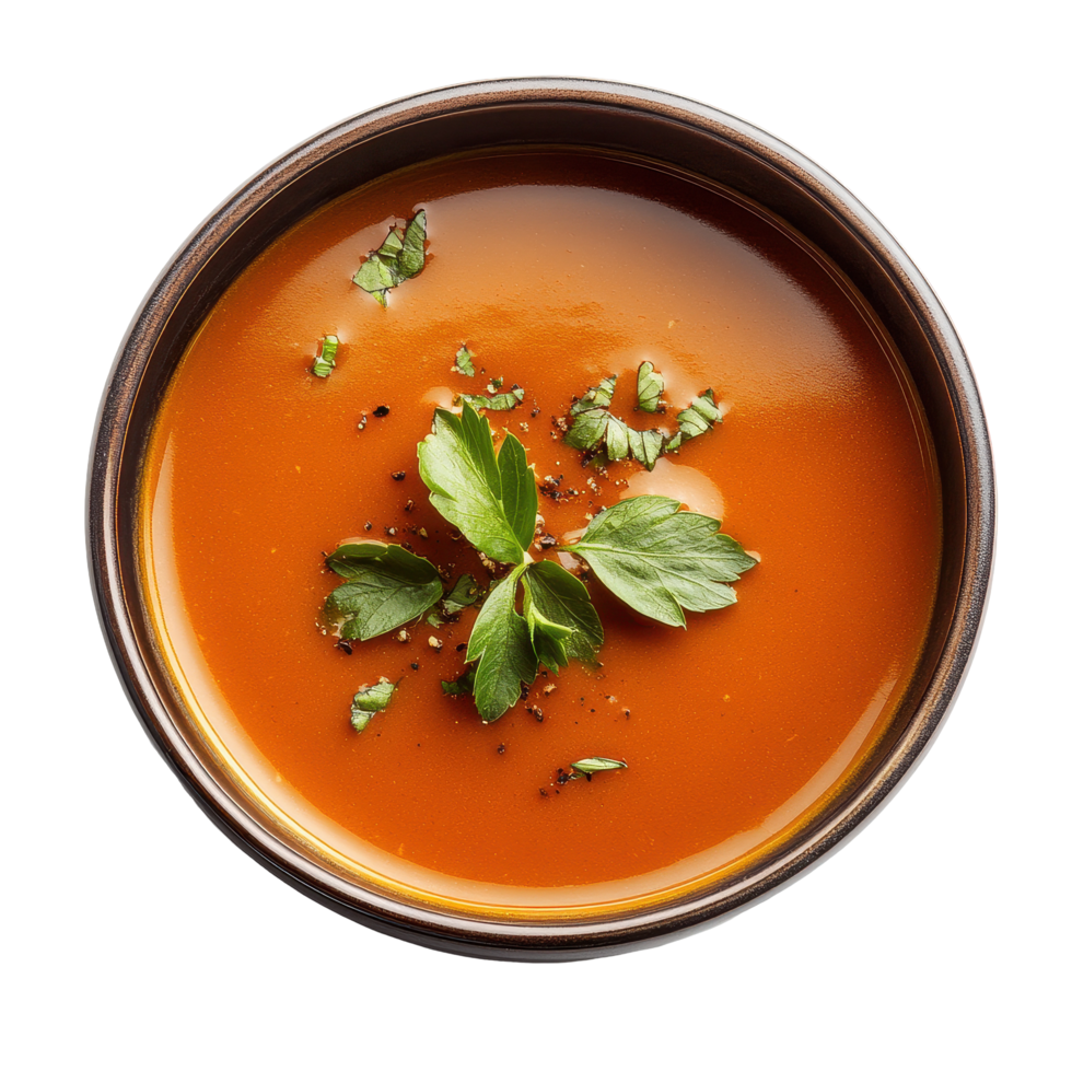 Delicious bowl of tomato soup garnished with fresh herbs on a Transparent background, view a delicious soup bowl on background png