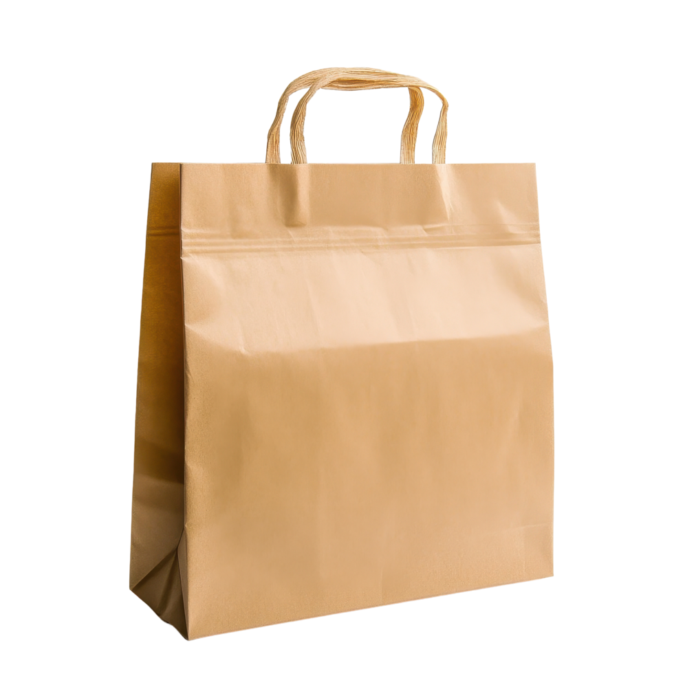 Brown paper package bag against a white background with a clean and modern aesthetic, Brown blank paper package bag white background png