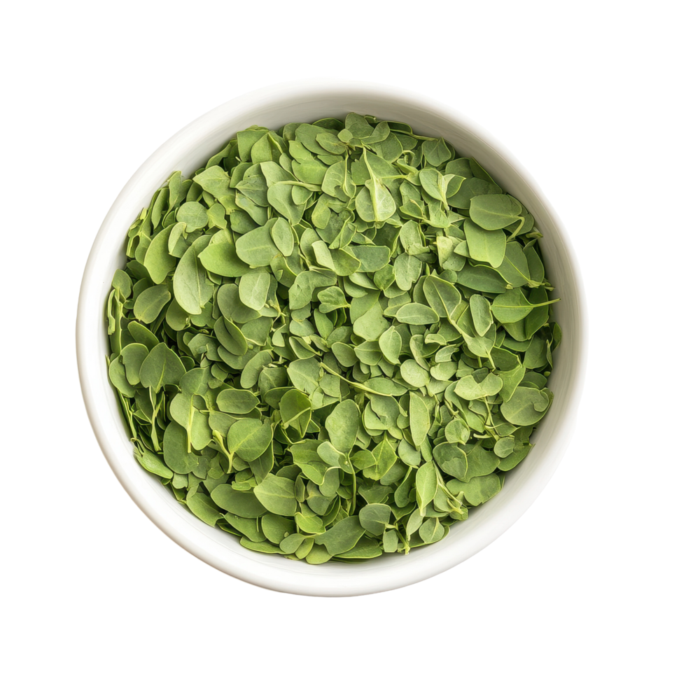 Moringa leaves in a white bowl on a Transparent background showcasing their vibrant green color and texture, Moringa herbs in white bowlisolated on background png