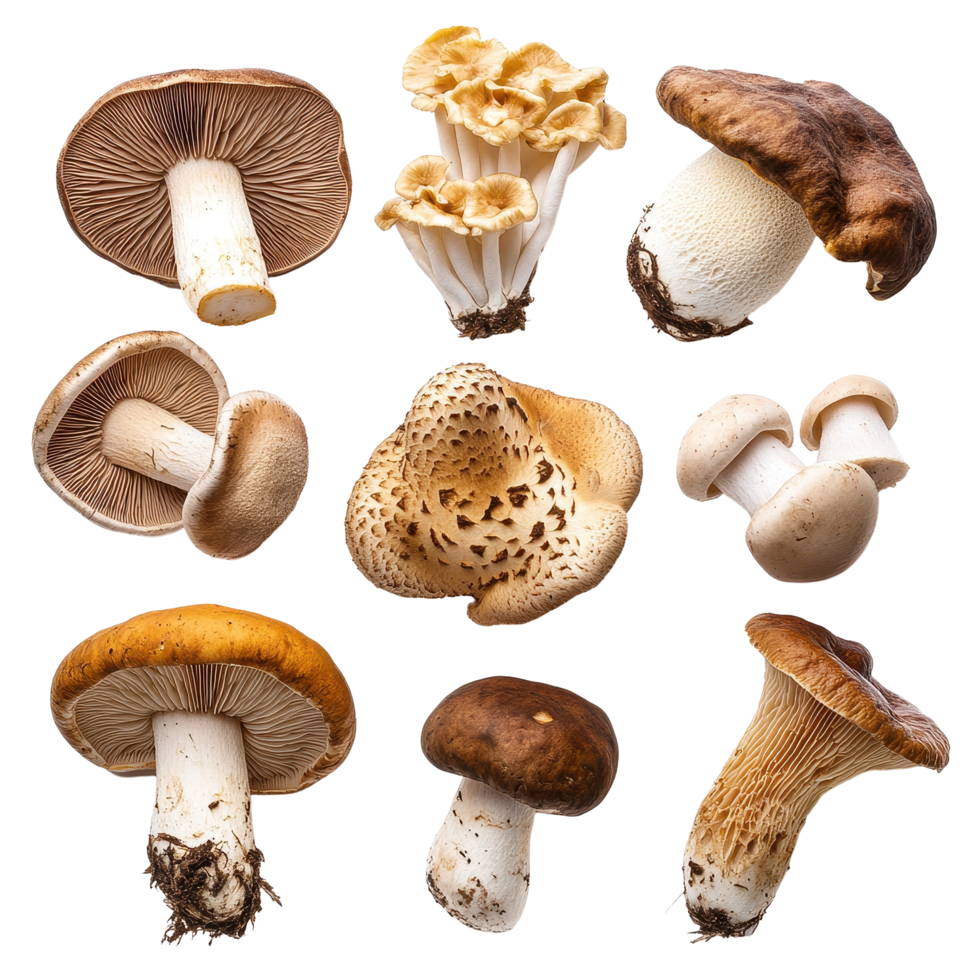 Variety of mushrooms including porcini and shiitake on a clean Transparent background, Various Mushrooms on background Porcini, Shiitake, Fly Agaric, Morel background png