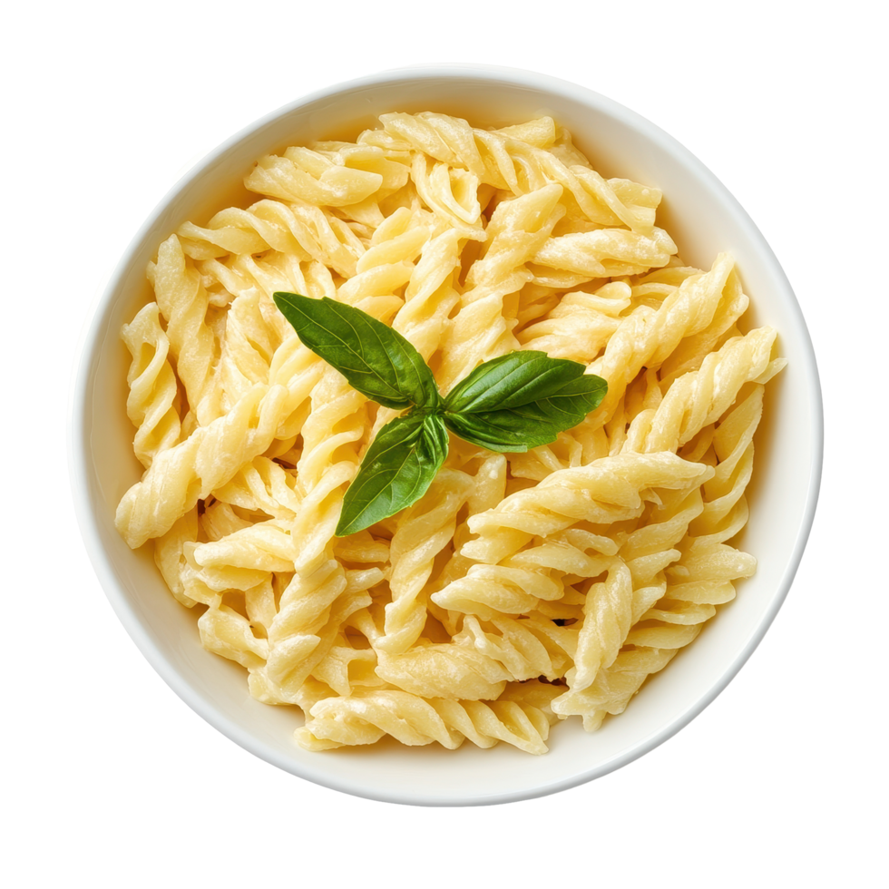 Creamy cheese pasta with fresh basil in a bowl on a white background, Cheese pasta on white background png
