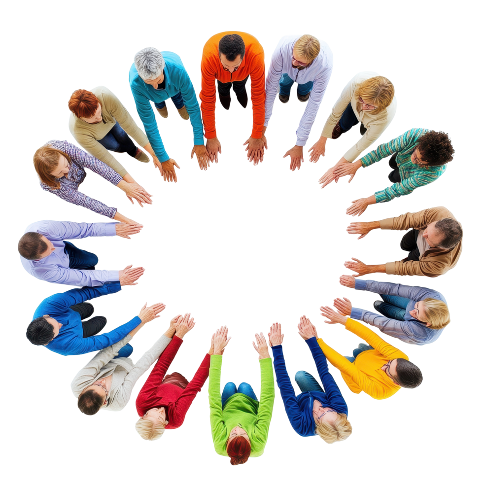 People connecting in a circle with hands together during a collaborative activity, Top View People in Circle with Their Hands Together, Transparent background png