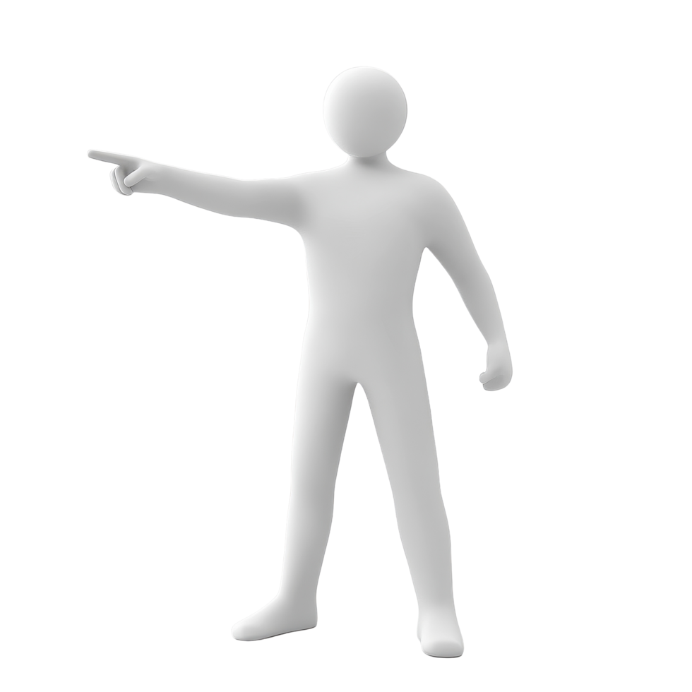 Pointing figure in a minimalist design on a Transparent background illustrating direction and focus, pointing man minimalist simple 3d isolated on background png
