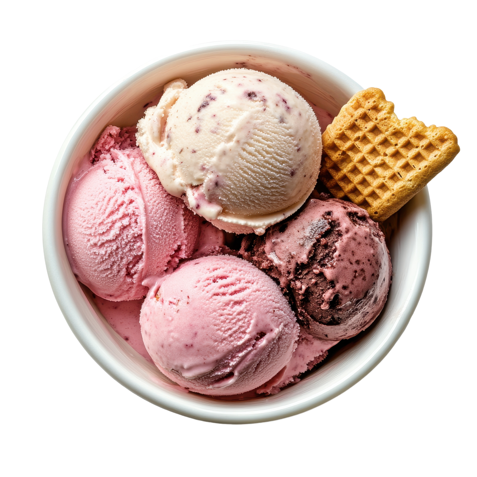 Delicious ice cream scoops in a bowl with a wafer on a bright white background, Ice cream scoops in bowl with wafer on white background png