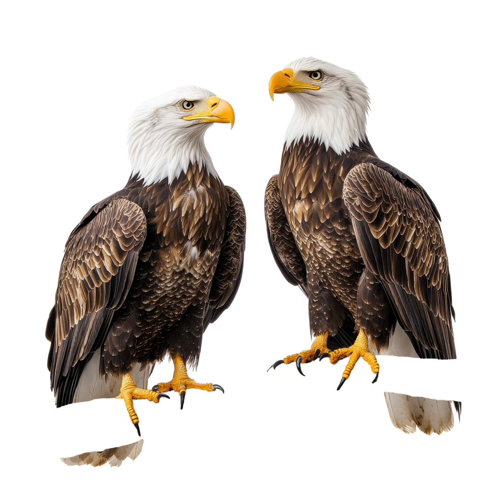 Two majestic bald eagles perched gracefully together against a Transparent background, two Bald Eagles isolated on background png