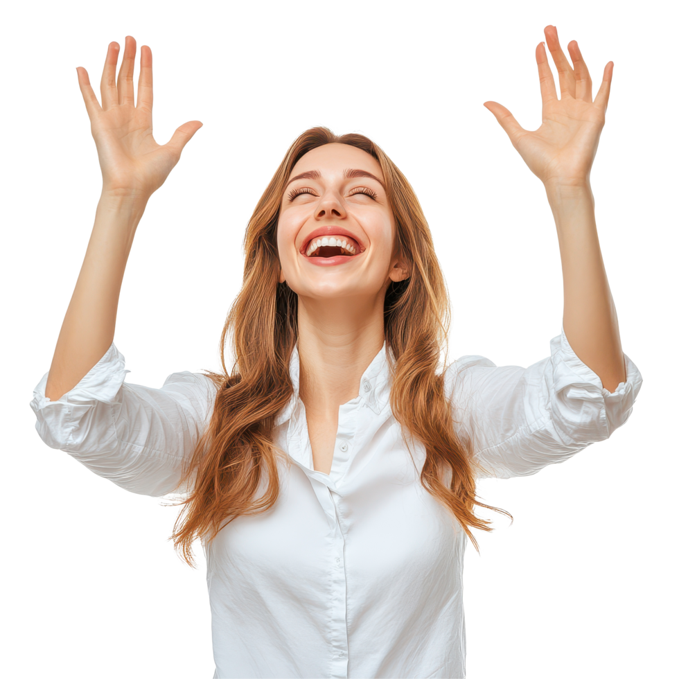 Woman joyfully raises her hands in celebration during a moment of happiness, woman reverently raises her hands up rejoicing, file of isolated object on White background png