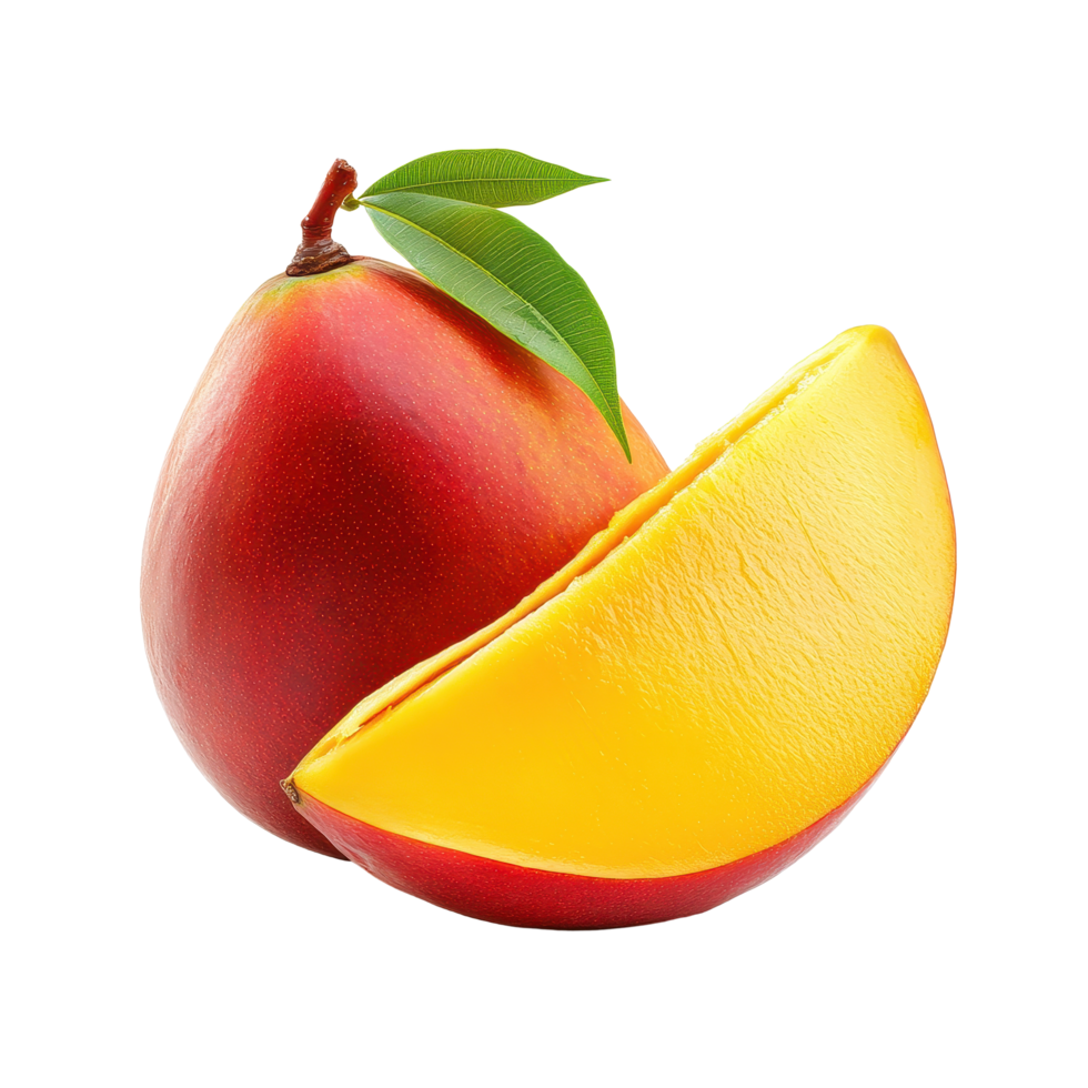 Fresh mango half and whole on white background highlighting vibrant colors and juicy texture, Fresh mango halfisolated on white background png