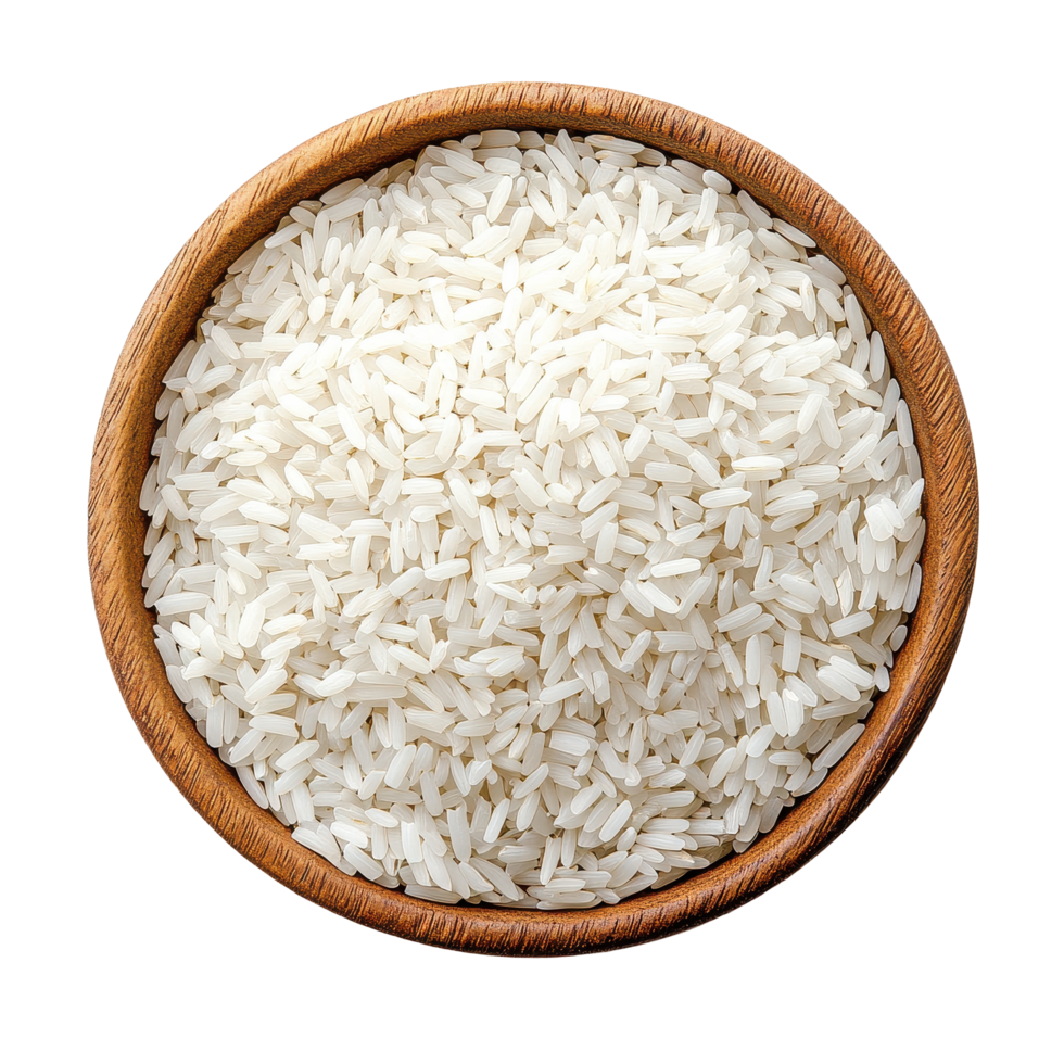 White rice in a wooden bowl isolated on a Transparent background showing fine grain texture and natural shine, Rice Isolated on background png