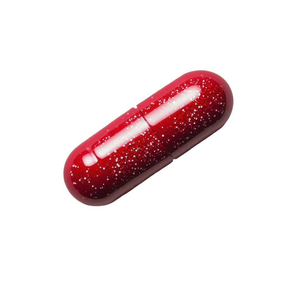 Bright red capsule with speckles isolated on a Transparent background showcasing its smooth surface and design, pill isolated on background png