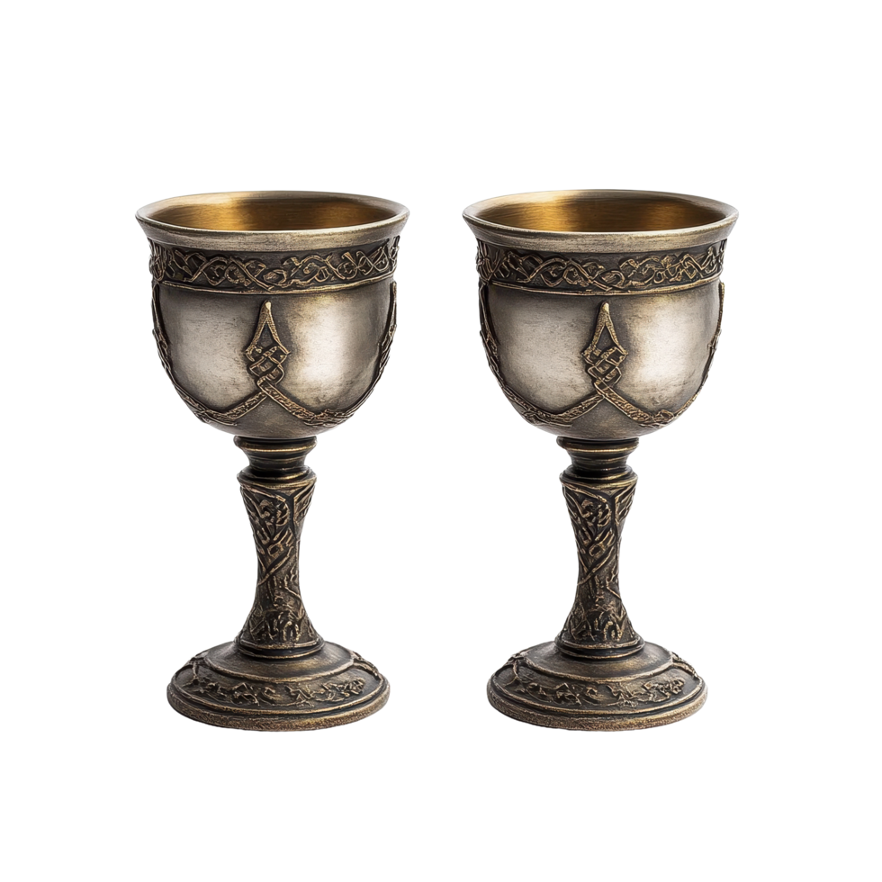 Medieval goblets crafted with intricate designs on a Transparent background highlighting craftsmanship and elegance, Medieval Goblets Isolated on background png
