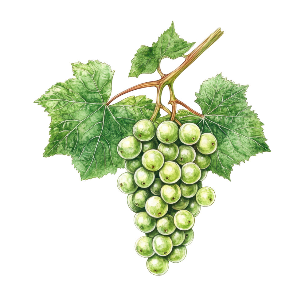Green grape bunch botanical illustration on white background showcasing detailed plant features, Green Grape Bunch Botanical Illustation on white background png