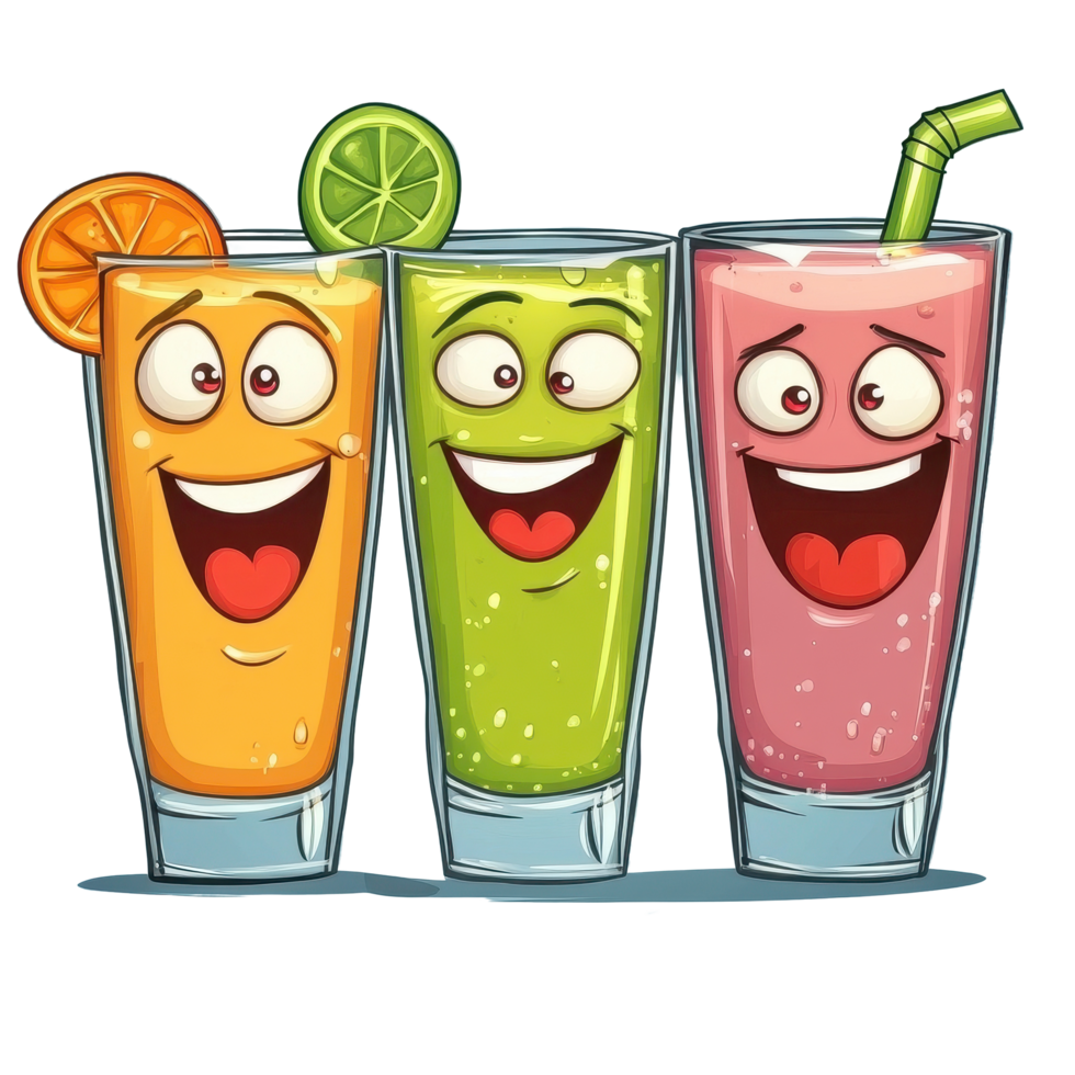 cartoon juice glasses with cheerful expressions in vibrant colors for fun designs, funny cartoon juice glasses png