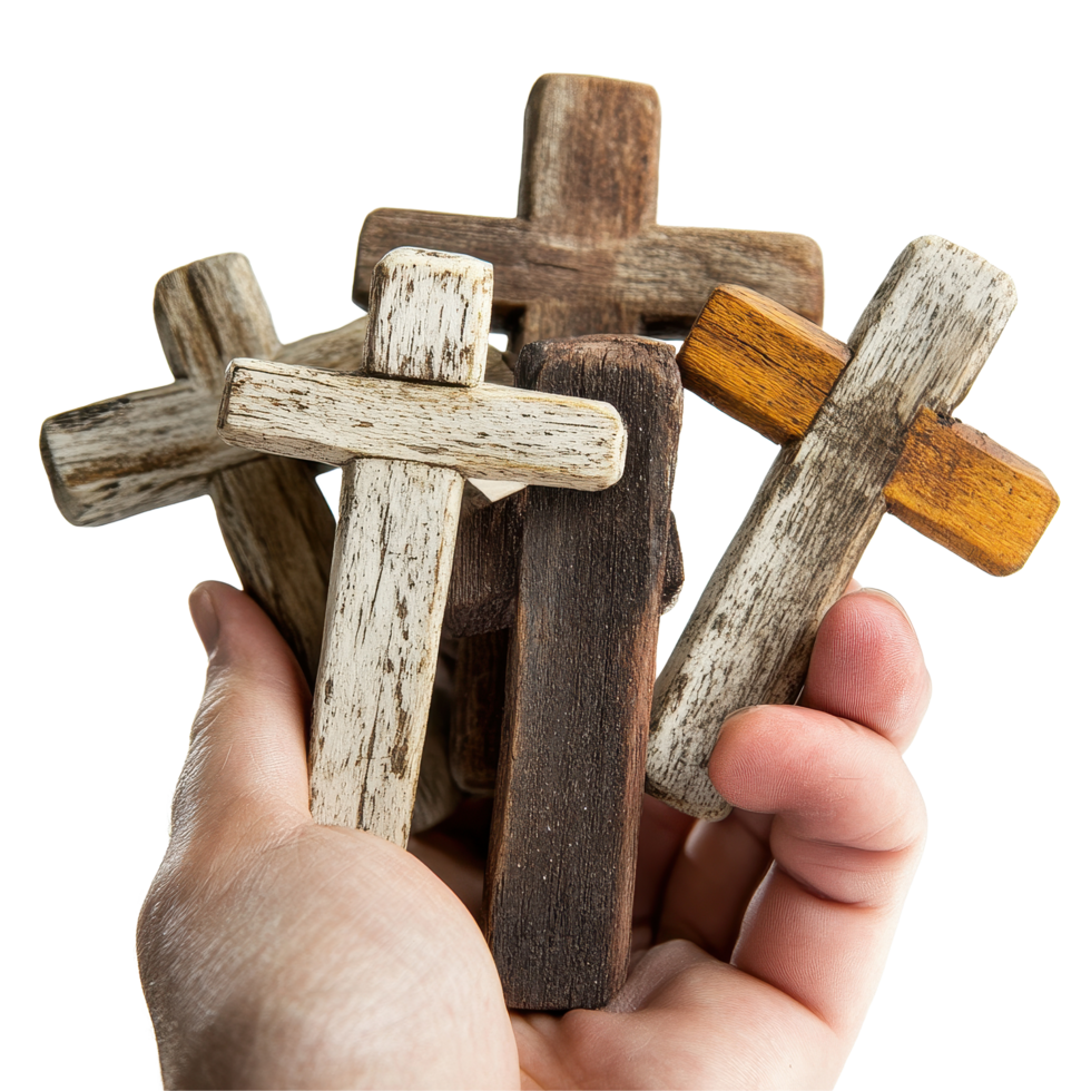 Variety of rustic wooden Christian faith symbols held in hand at home, Christian Faith Symbols Variety Rustic Wooden Crosses Held On white background png
