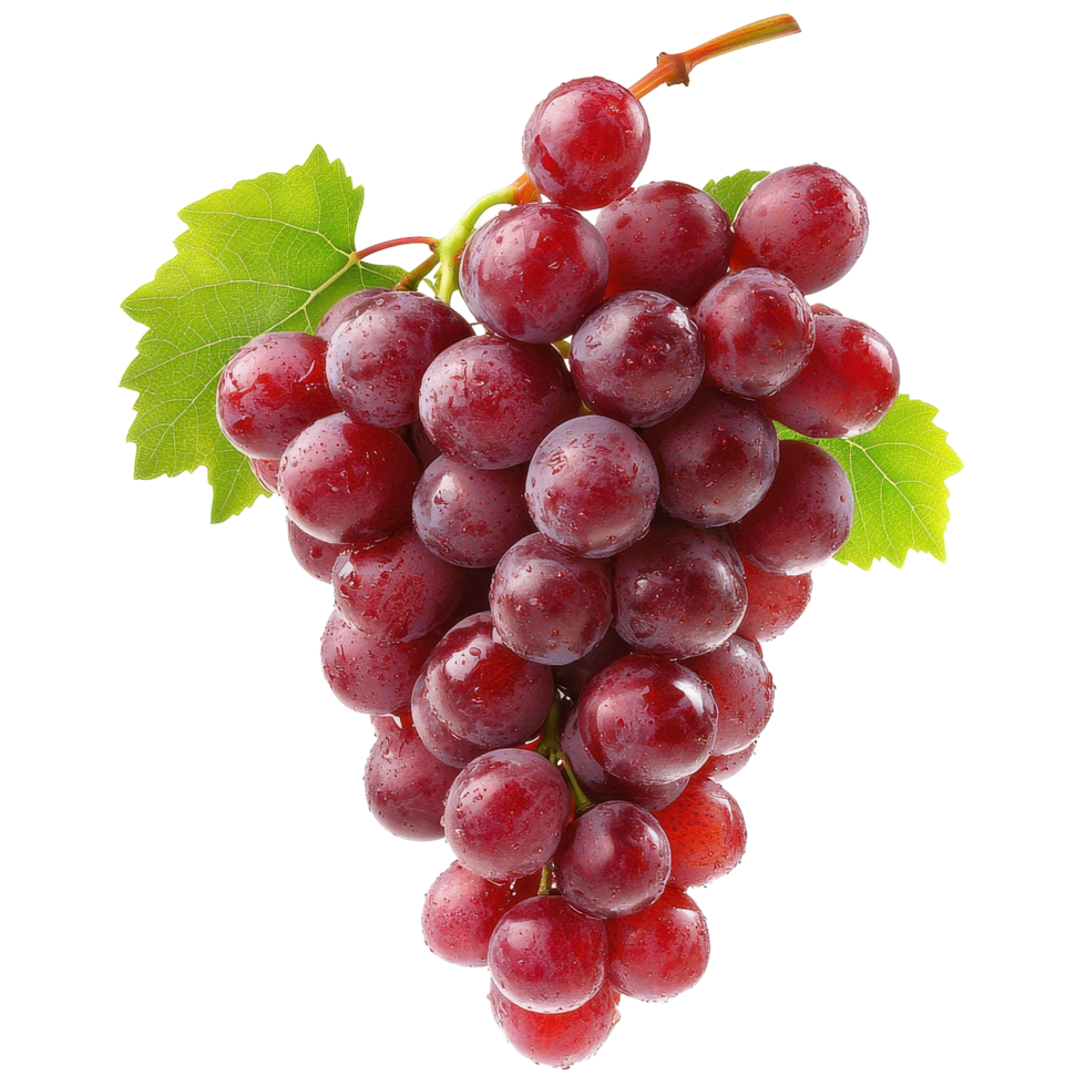 Fresh red grapes isolated on Transparent background with green leaves for healthy eating, Red grapes isolated on background png