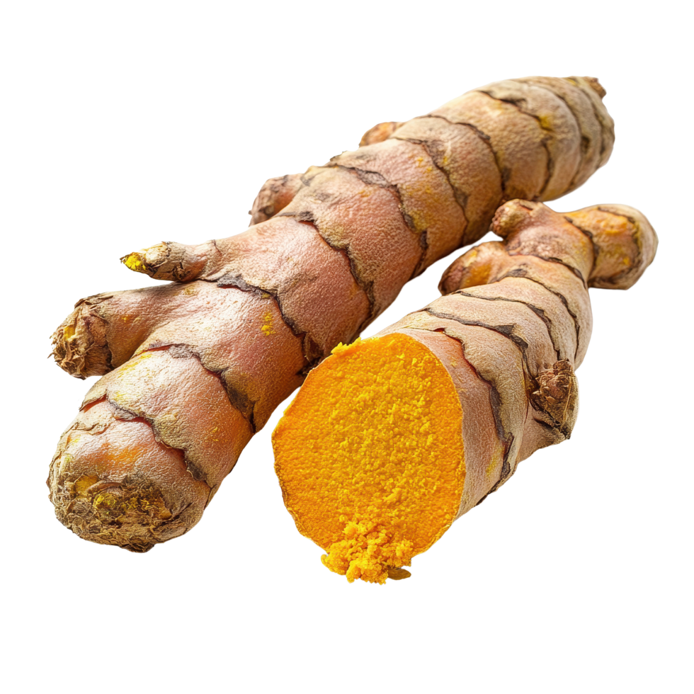 Fresh turmeric root displaying vibrant orange interior on a transparent background, turmeric on transparent png