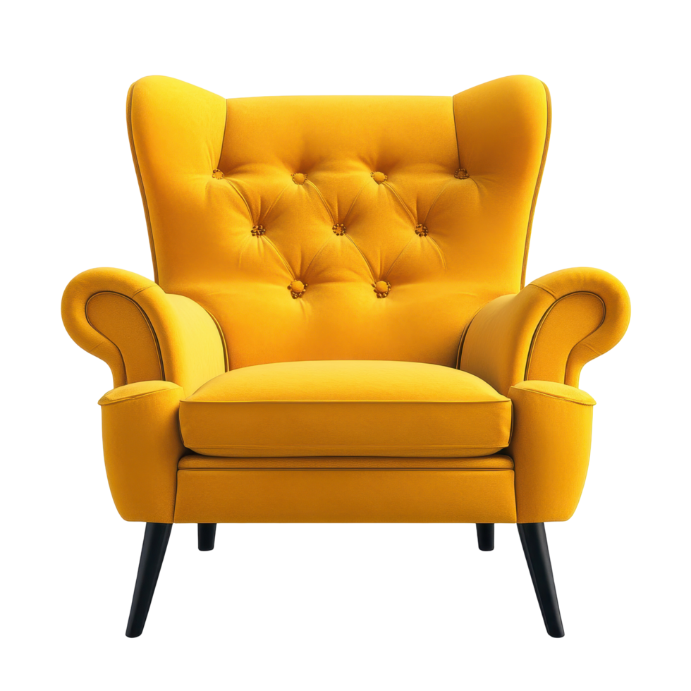 Modern yellow armchair with tufted design set against a clean Transparent background for stylish interior decoration, Modern yellow armchair isolated on background png