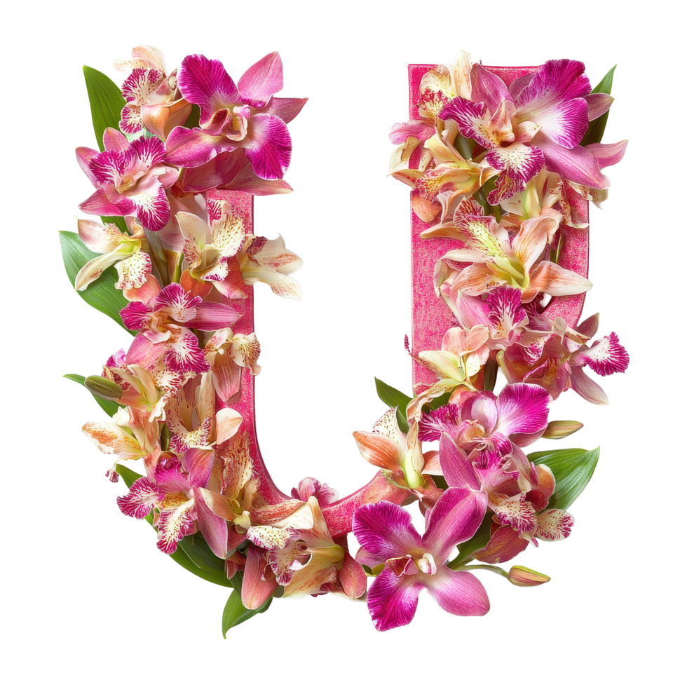 Orchids in vibrant pink hues arranged to form the letter U, showcasing floral artistry and creativity, Image orchids arranged in letters uvwx isolated on white background png