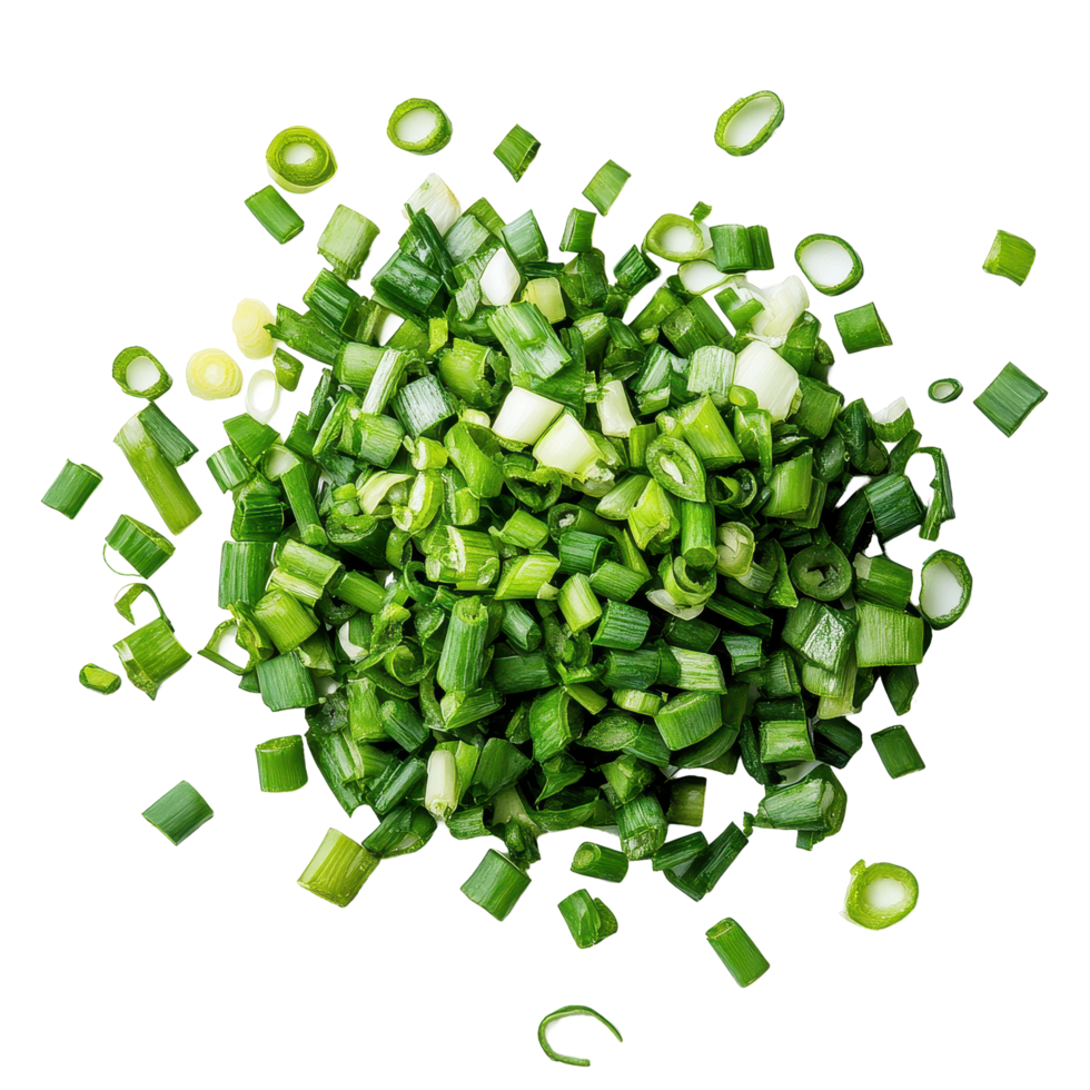 Chopped green onions displayed on a bright white surface for culinary preparation and garnish, chopped green onions on white background png