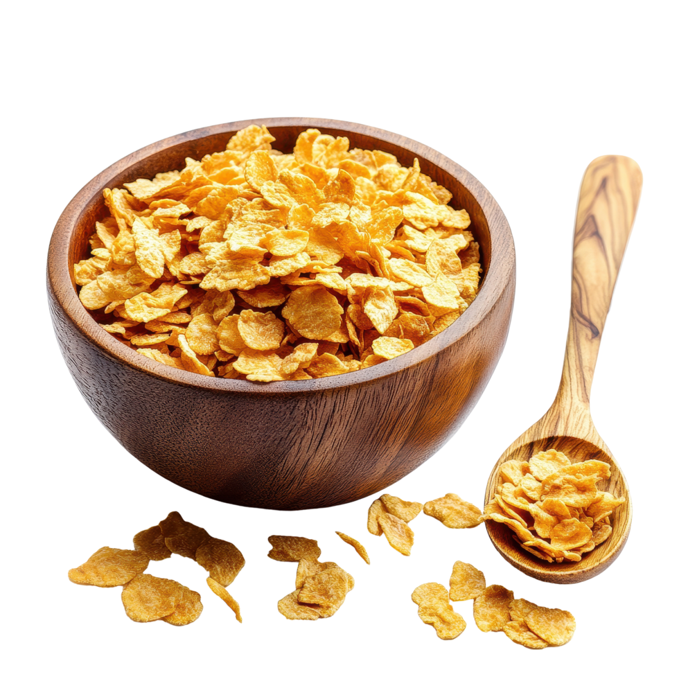 Corn flakes in a wooden bowl with a spoon on a Transparent background, corn flakes in wood bowl and spoonisolated on background png