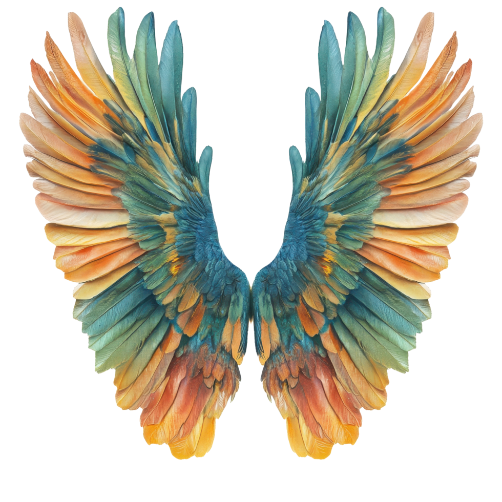 Vibrant bird wings detailed against a Transparent background showcasing intricate feather patterns and colors, wings of birds isolated on background background png