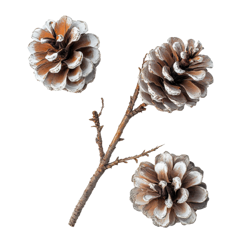 Natural pine cones arranged with a branch on a Transparent background for decorative purposes, Pine cones with branch on a background png
