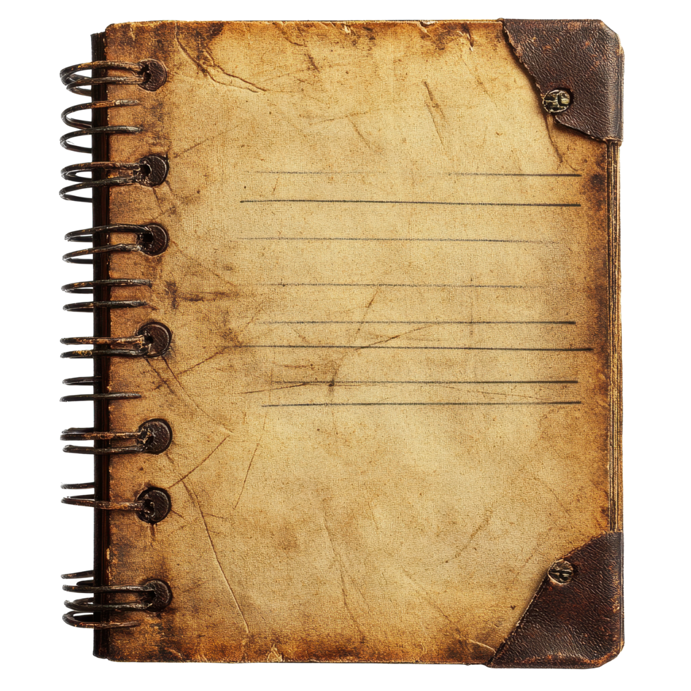 Vintage spiral notebook with lined pages, showcasing an aged appearance and unique character from years of use, old vintage notebook with lines, isolated isolated on Transparent background png