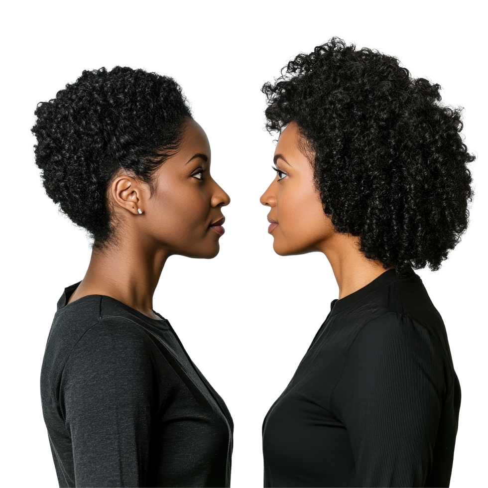 Couple with curly hair facing each other, showcasing connection and intimacy in a simple setting, couple black women with curly hair facing each other png
