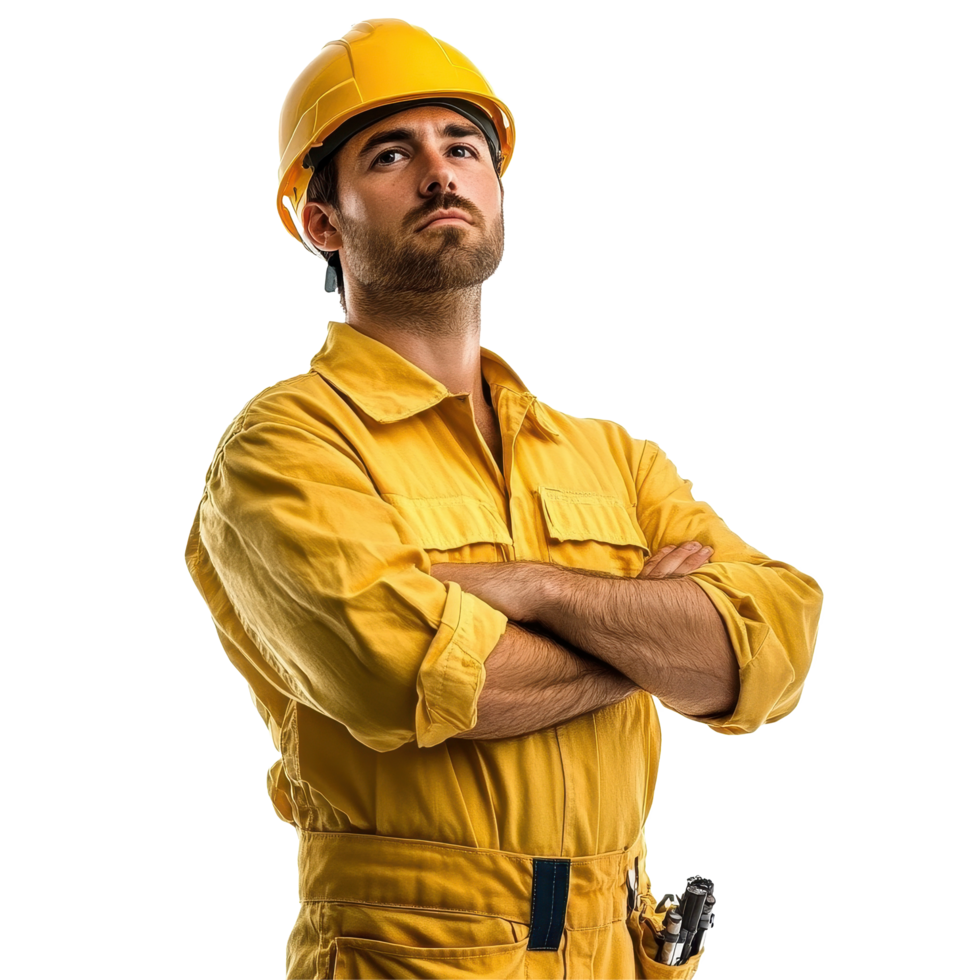 Male construction worker in yellow helmet poses confidently against a Transparent background, Male worker in yellow helmet isolated on background png