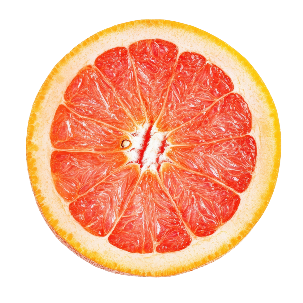 Grapefruit slice displaying juicy segments and vibrant colors on a white background, grapefruit sliceisolated on white background png