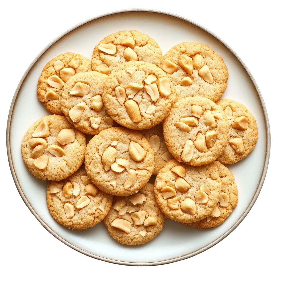 Delicious peanut topped cookies arranged on a white plate over a clean background, Plate peanut topped cookies, Transparent background png