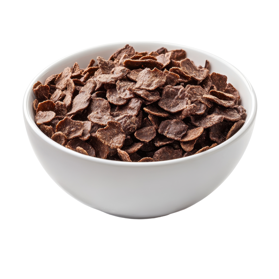 Chocolate corn flakes in a white bowl isolated on a white background for breakfast or snack time, Chocolate corn flakes in a bowl isolated on white background png