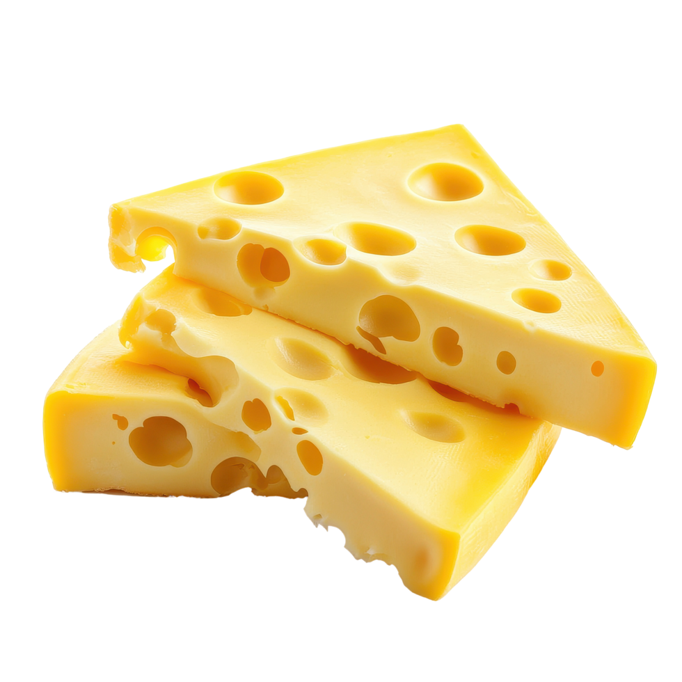 Slices of yellow cheese stacked on a Transparent background showcasing texture and holes, Slice cheese isolated on background png