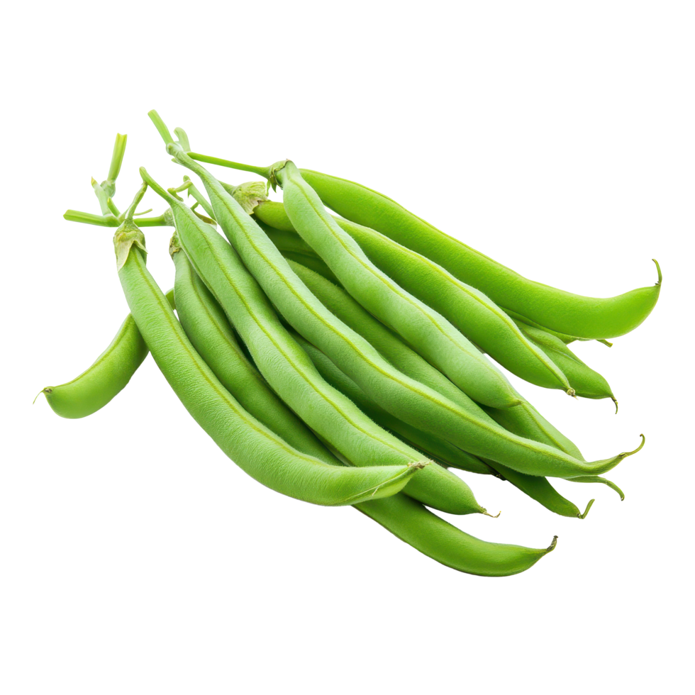 Fresh green beans resting on a clean white surface showcasing their vibrant color and natural form, Green beans isolated on white background png
