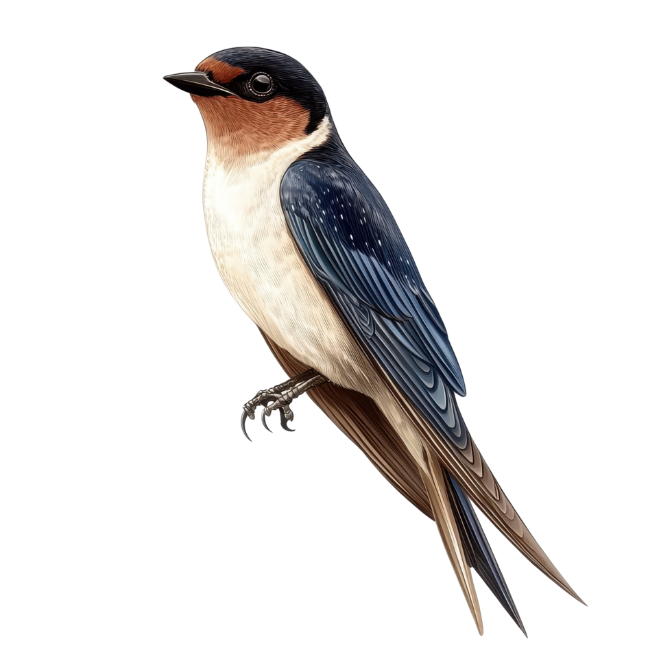 Realistic illustration of a swallow bird perched on a branch against a Transparent background, Swallow Bird Botanical realistic on background png