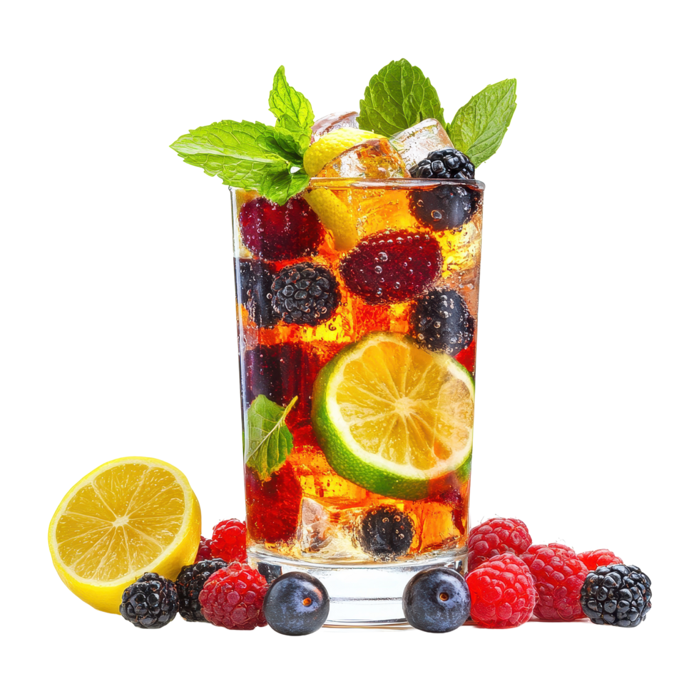Refreshing summer drinks featuring ice, fresh berries, lemon, and lime for a vibrant taste experience, Summer drinks with ice, fresh berries, lemon and lime isolated on white, Transparent background png