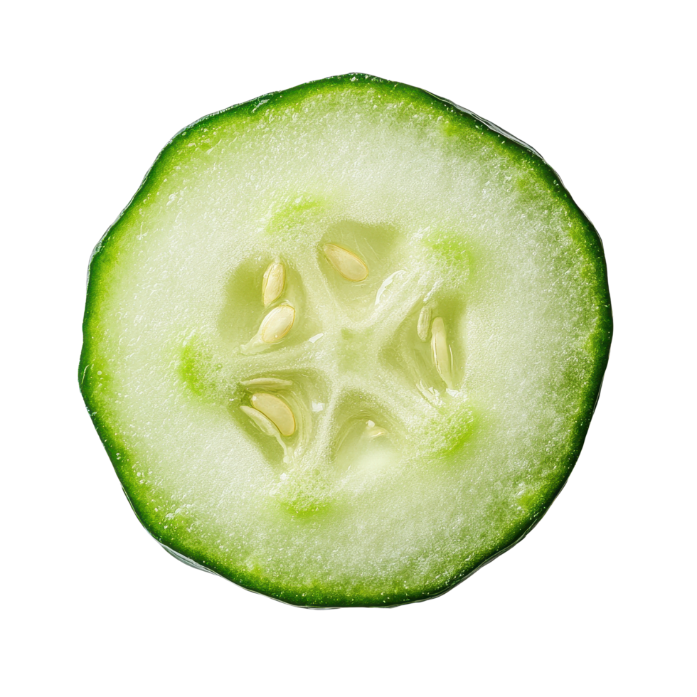 Fresh cucumber slice isolated on Transparent background showcasing texture and seeds, Cucumber with slice isolated on background png