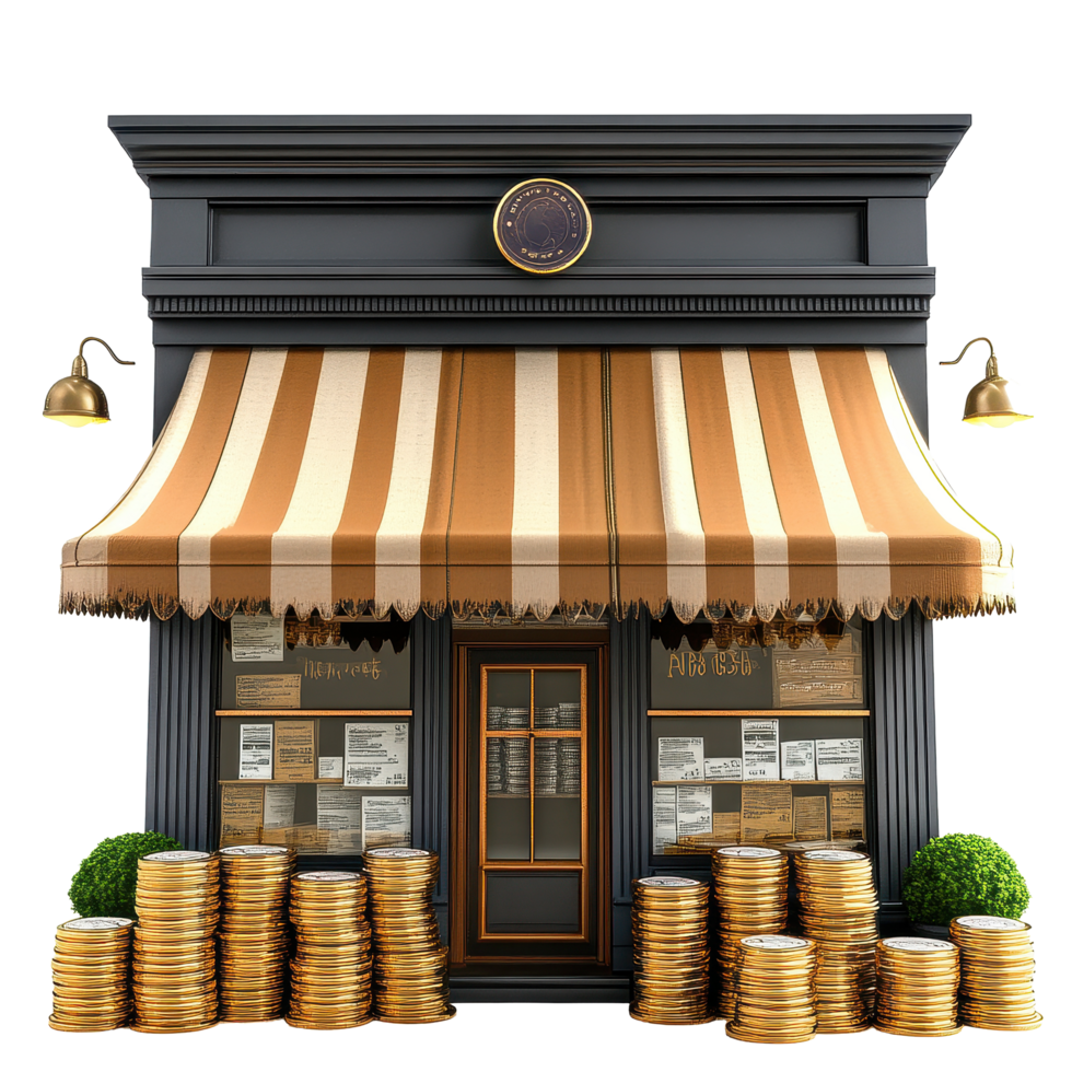 Charming storefront adorned with stacks of coins showcases unique design and inviting atmosphere, Charming Storefront with Coin Stacks on white background Small Business Revenue Concept png