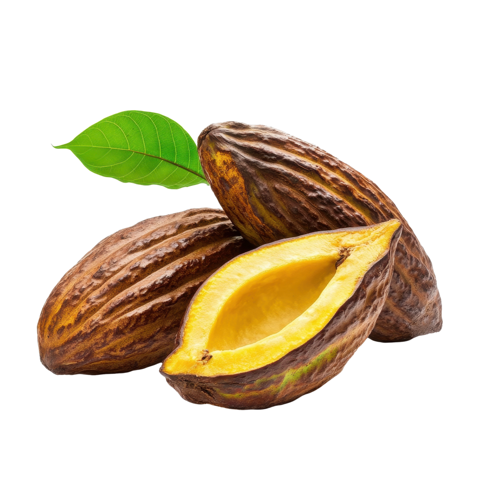 Ripe cocoa fruits with distinct pods and vibrant leaves isolated on a Transparent background for culinary use, ripe cacao fruit isolated on background png