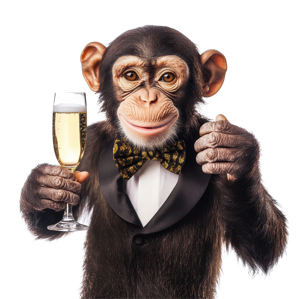 Funny monkey dressed in a tuxedo holds champagne glass while celebrating in a bright setting, Funny monkey with a champagne glass on white background New Year Celebration Concept, white background png