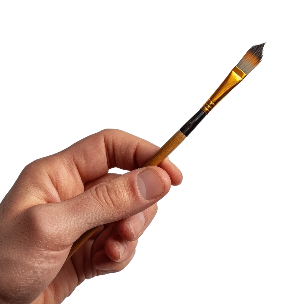 Male hand holding a paint brush against a Transparent background during a creative art session, Male hand with paint brush on background png