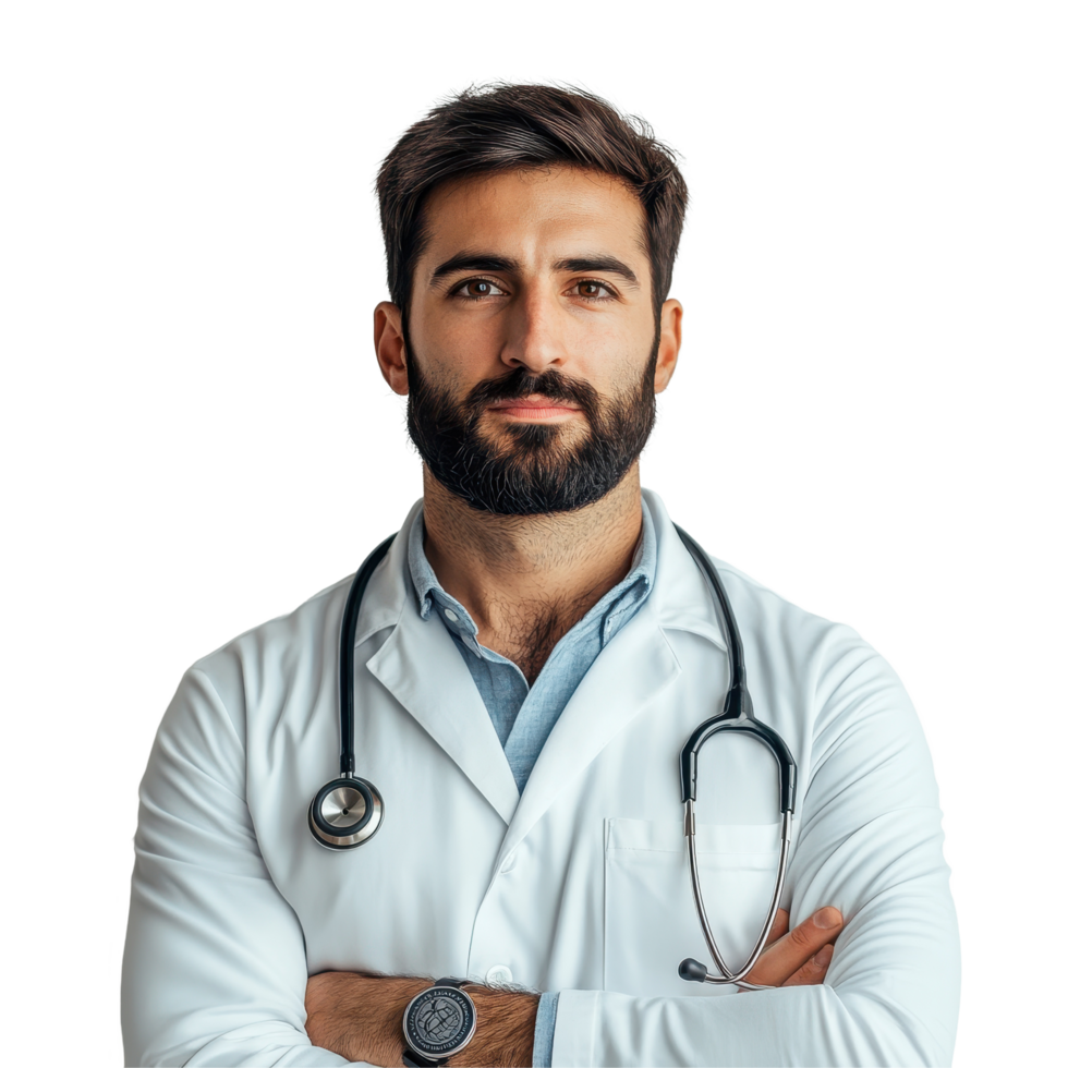 Handsome male doctor with stethoscope posing against a white background in professional attire, Handsome doctor with stethoscope portrait on white background png
