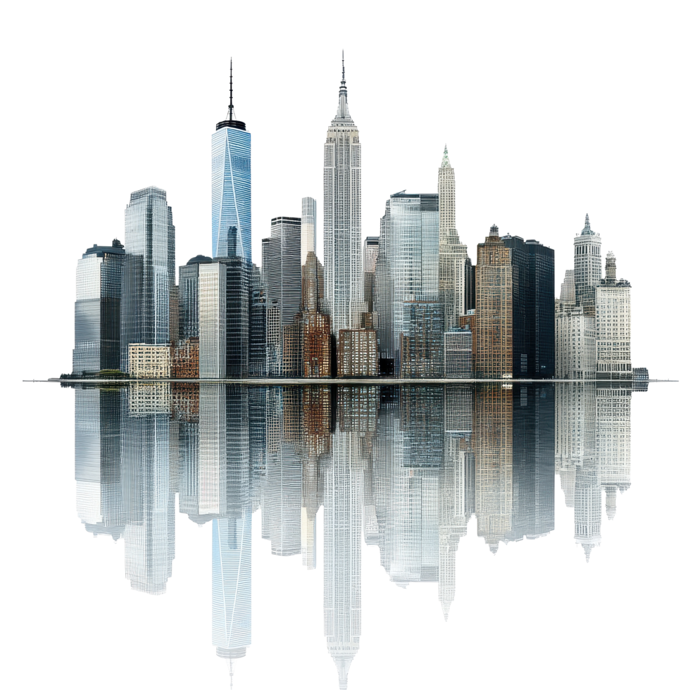Majestic skyline view of towering buildings reflecting in calm waters during twilight, Impressive View a Majestic City Skyline With Towering Buildings, white background png