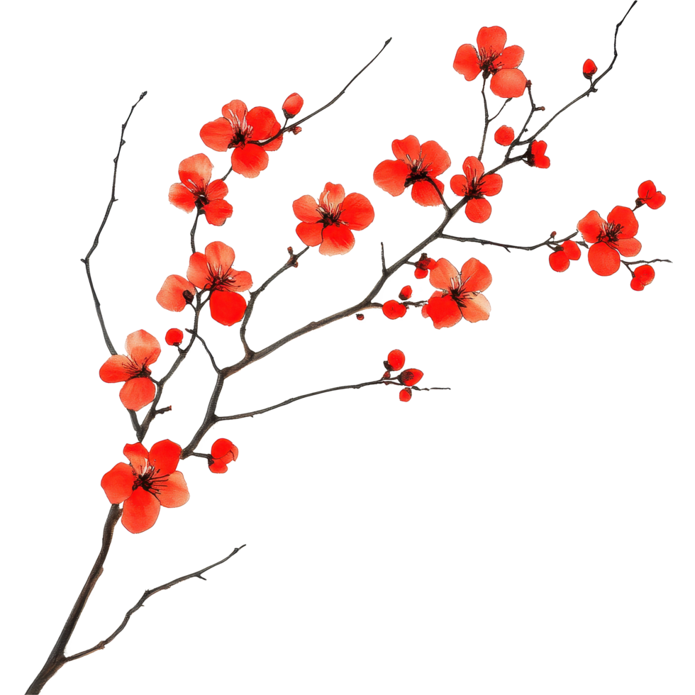 Branch adorned with vibrant red flowers set against a clean white background showcasing natural beauty, Branch Red Flowers on white background png