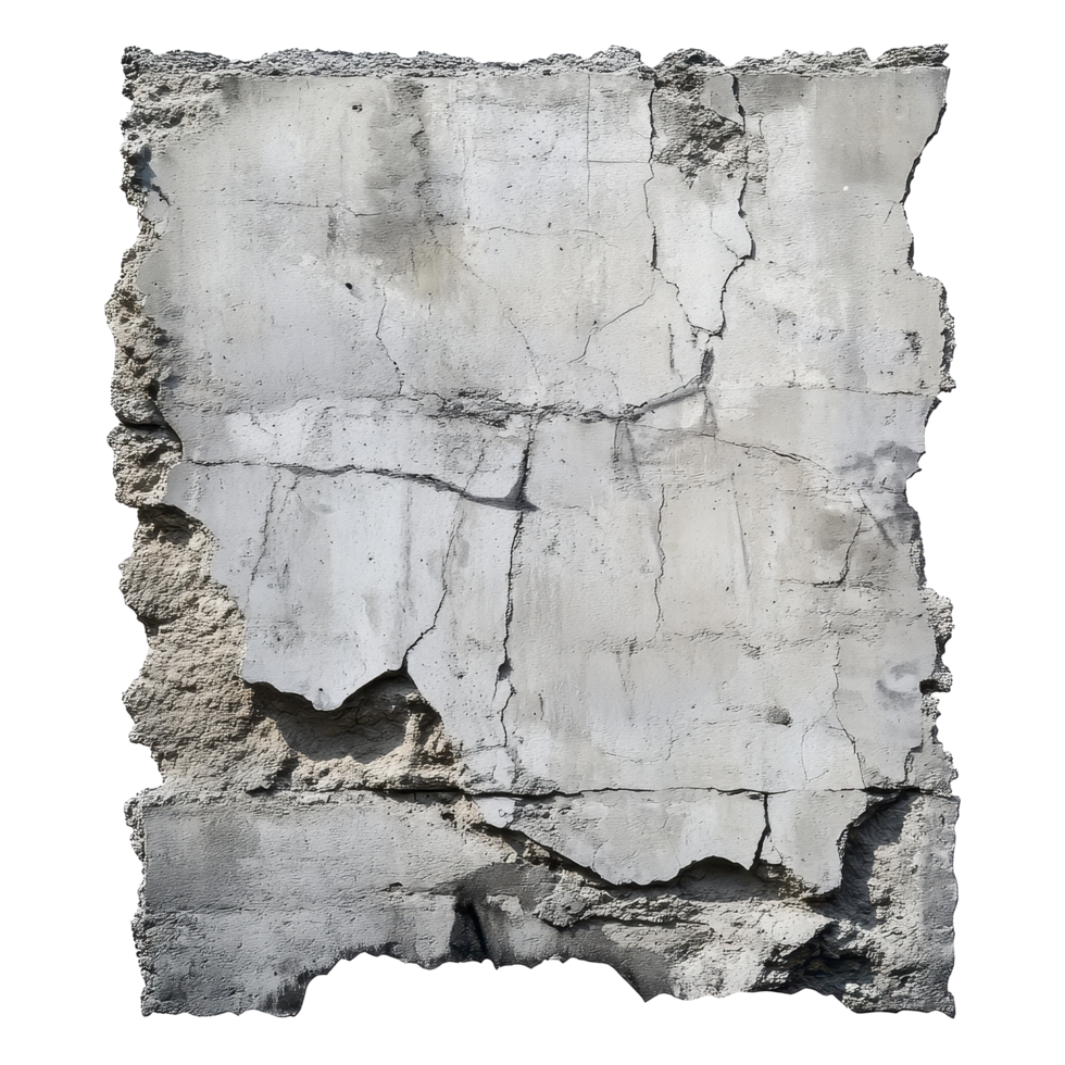 Broken concrete wall with cracks and peeling texture set against a clear white background, broken concrete cement wall, isolated background png