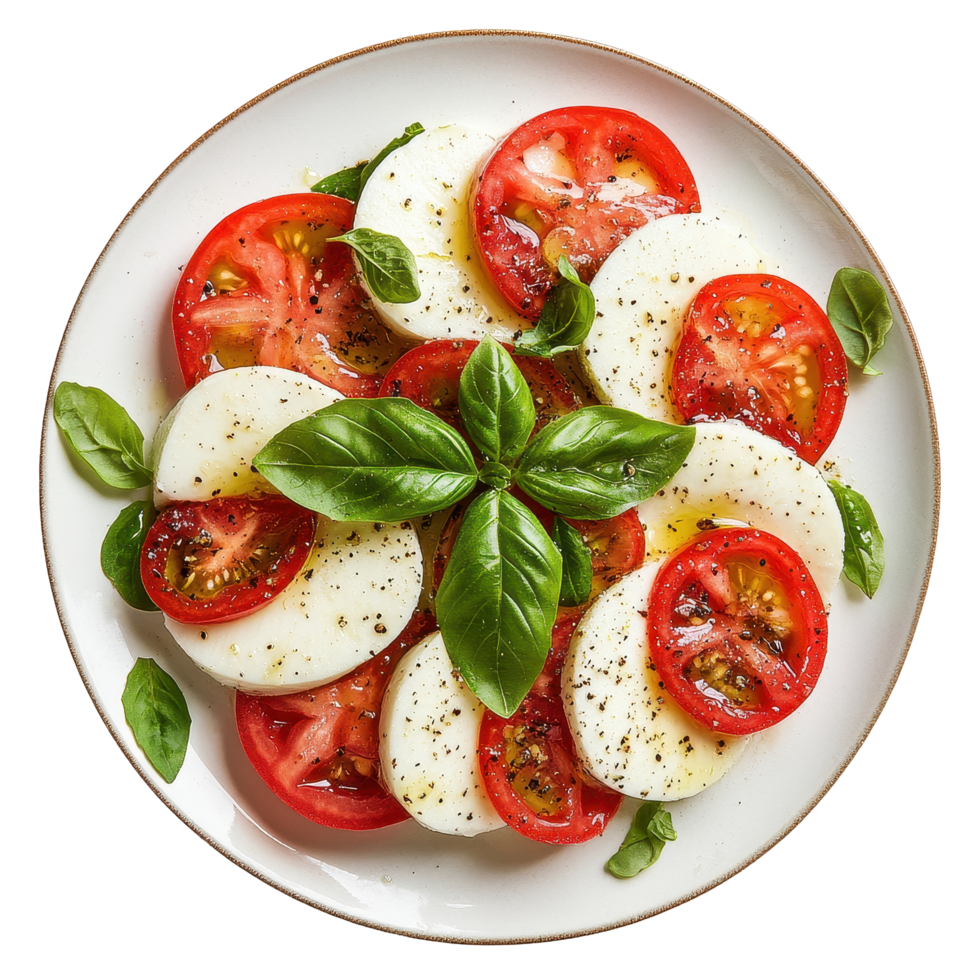 Delicious caprese salad with fresh mozzarella, tomatoes, and basil on white background, Classic Caprese Salad Delight On white background png