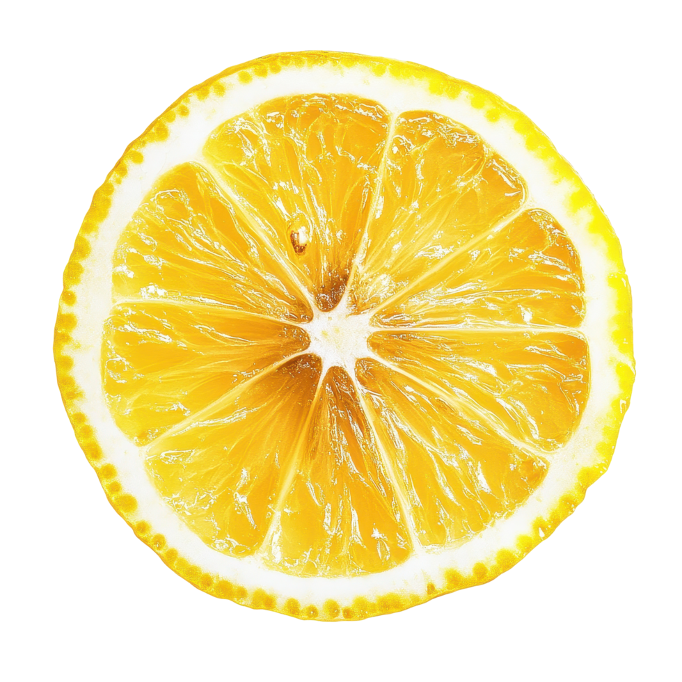 Fresh lemon slice isolated on Transparent background showcasing vibrant yellow color and juicy texture, lemon sliceisolated on background png