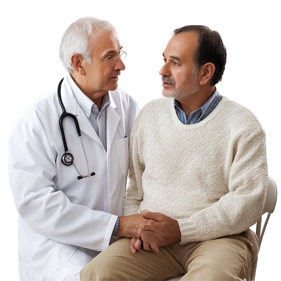 Mature doctor consulting with patient in a clinical setting on a Transparent background, Portrait a Mature Doctor with Patient, background png