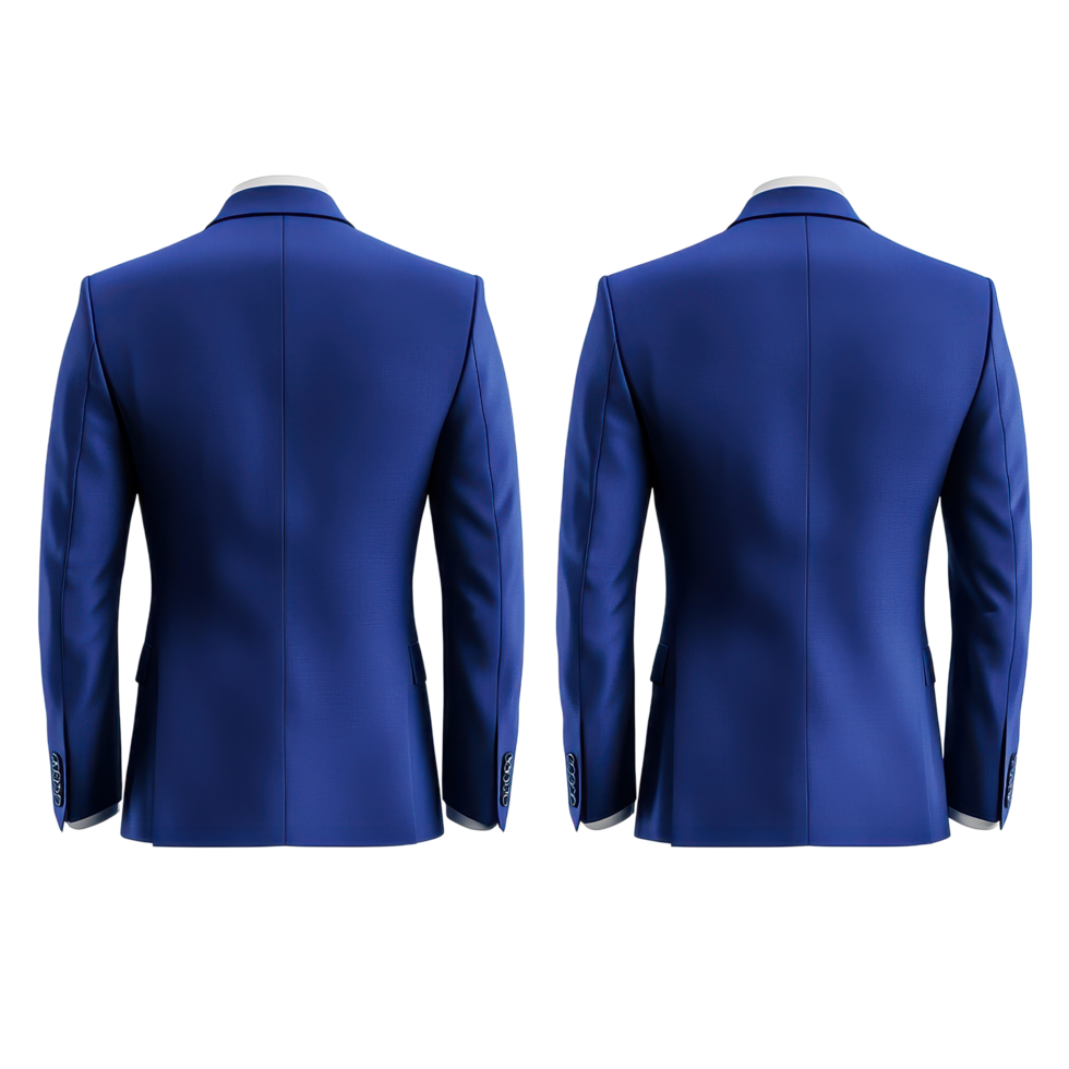 Elegant blue suit jacket mockup showcasing front and back design suitable for fashion presentations and marketing, Elegant Blue Suit Jacket Mockup from Front and Back Views on white background png