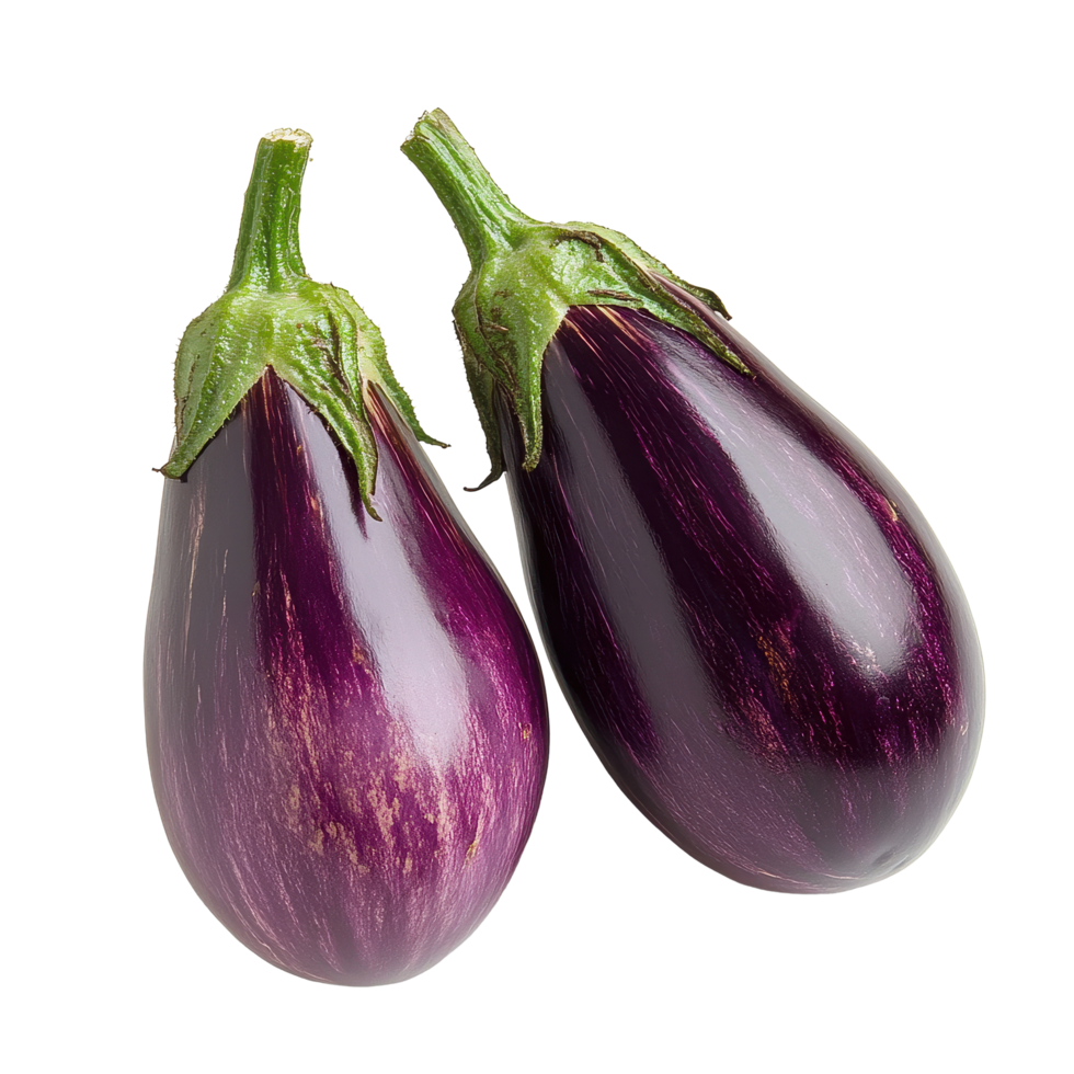 Fresh eggplants nestled together highlighting vibrant purple hues on a clean Transparent background, Two eggplants on background with background png