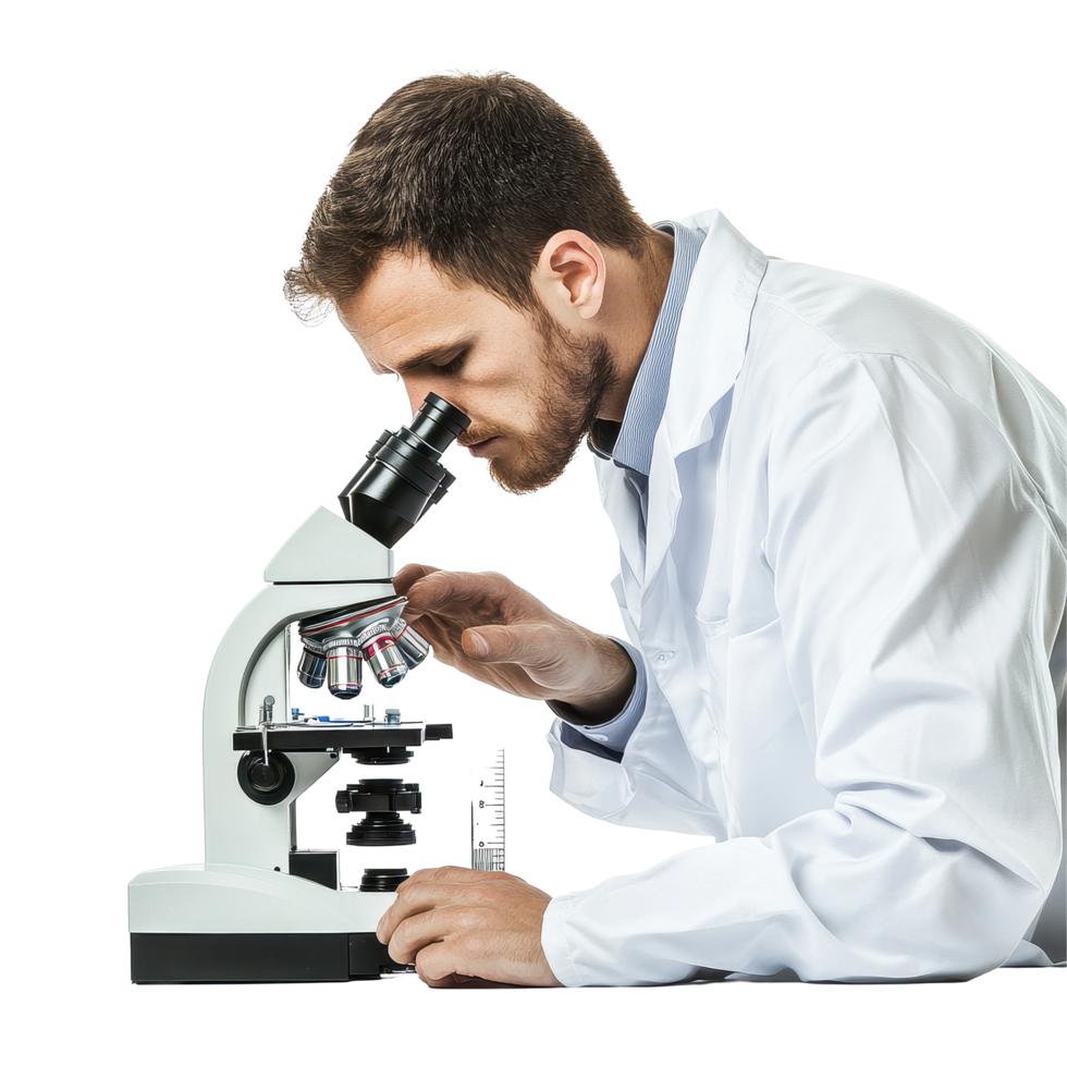 Scientist conducts research using a microscope in laboratory setting, Scientist Working with Microscope isolated on Transparent background png